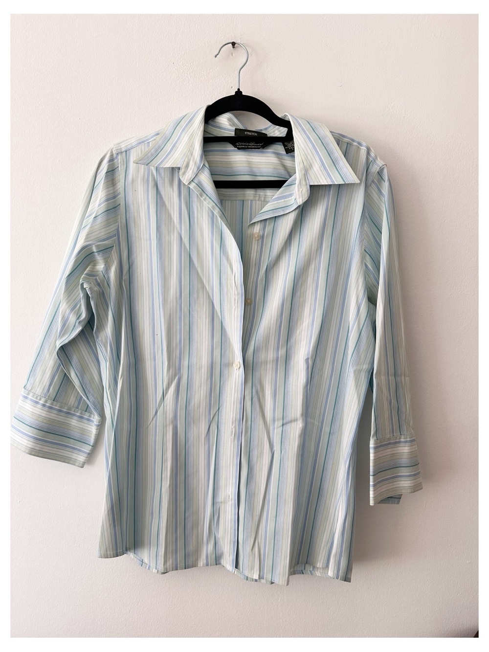 Eddie Bauer Stretch Wrinkle Resistant 3/4 sleeve button up blue stripe sz Tall L